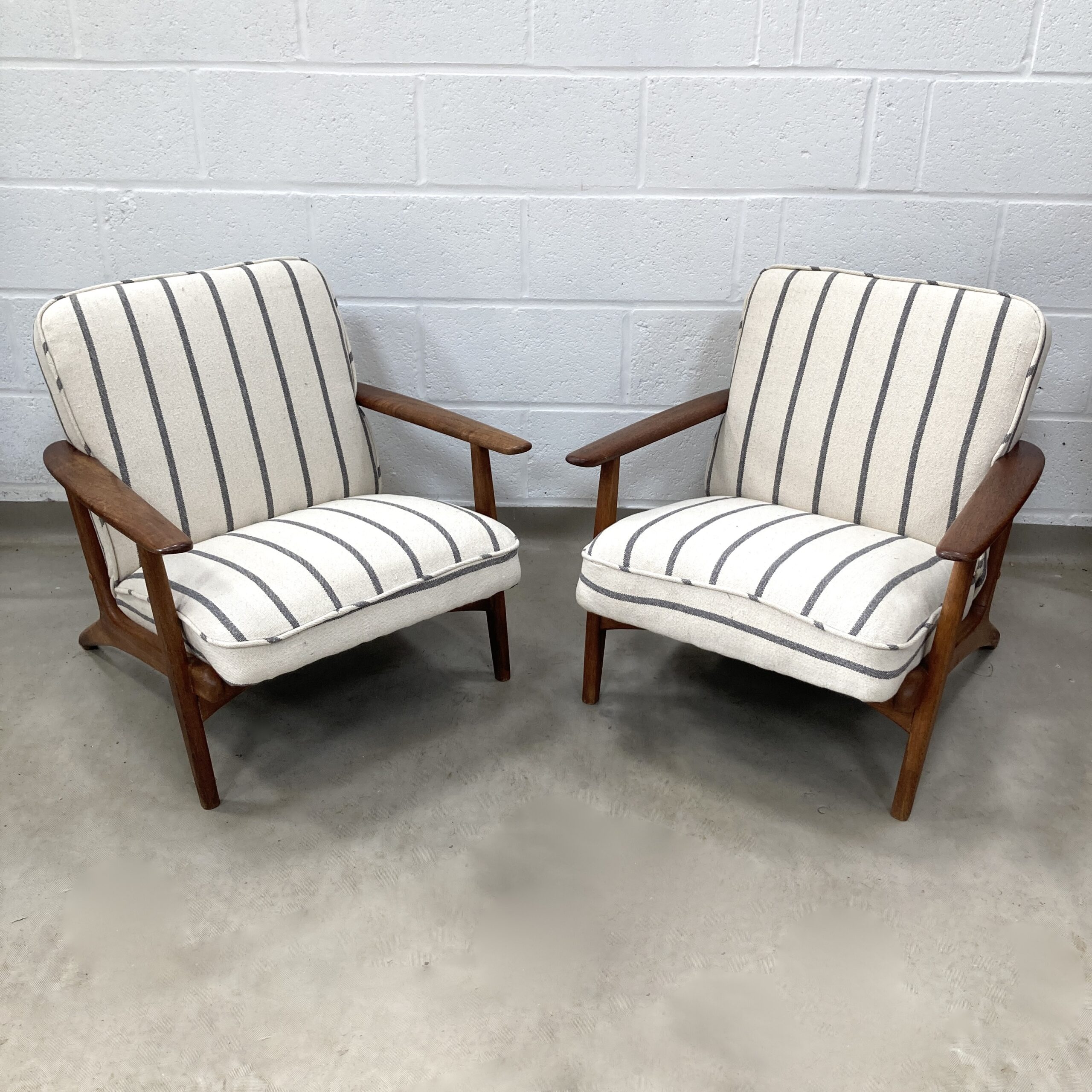 A Pair of Danish Armchair reupholstered in a grey and ecru striped fabric called Mary. - Image 14
