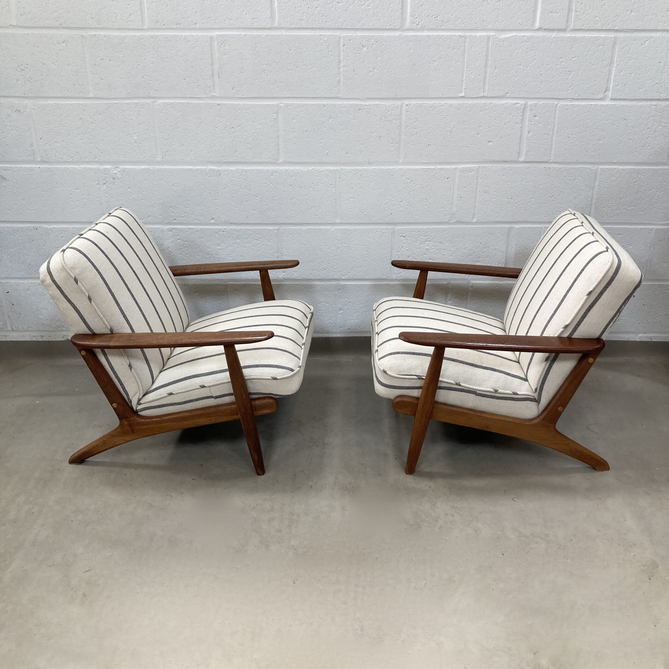 A Pair of Danish Armchair reupholstered in a grey and ecru striped fabric called Mary. - Image 12