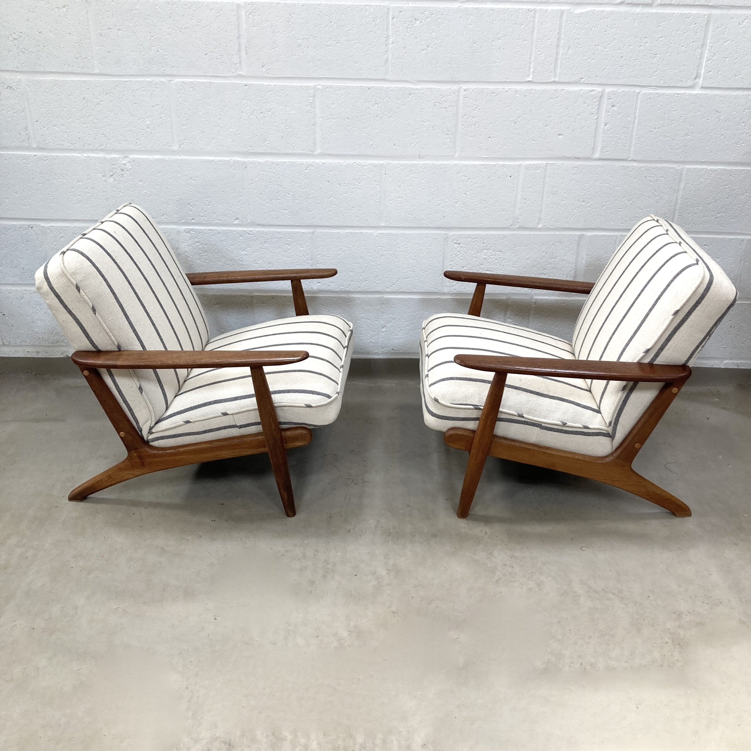 A Pair of Danish Armchair reupholstered in a grey and ecru striped fabric called Mary. - Image 13