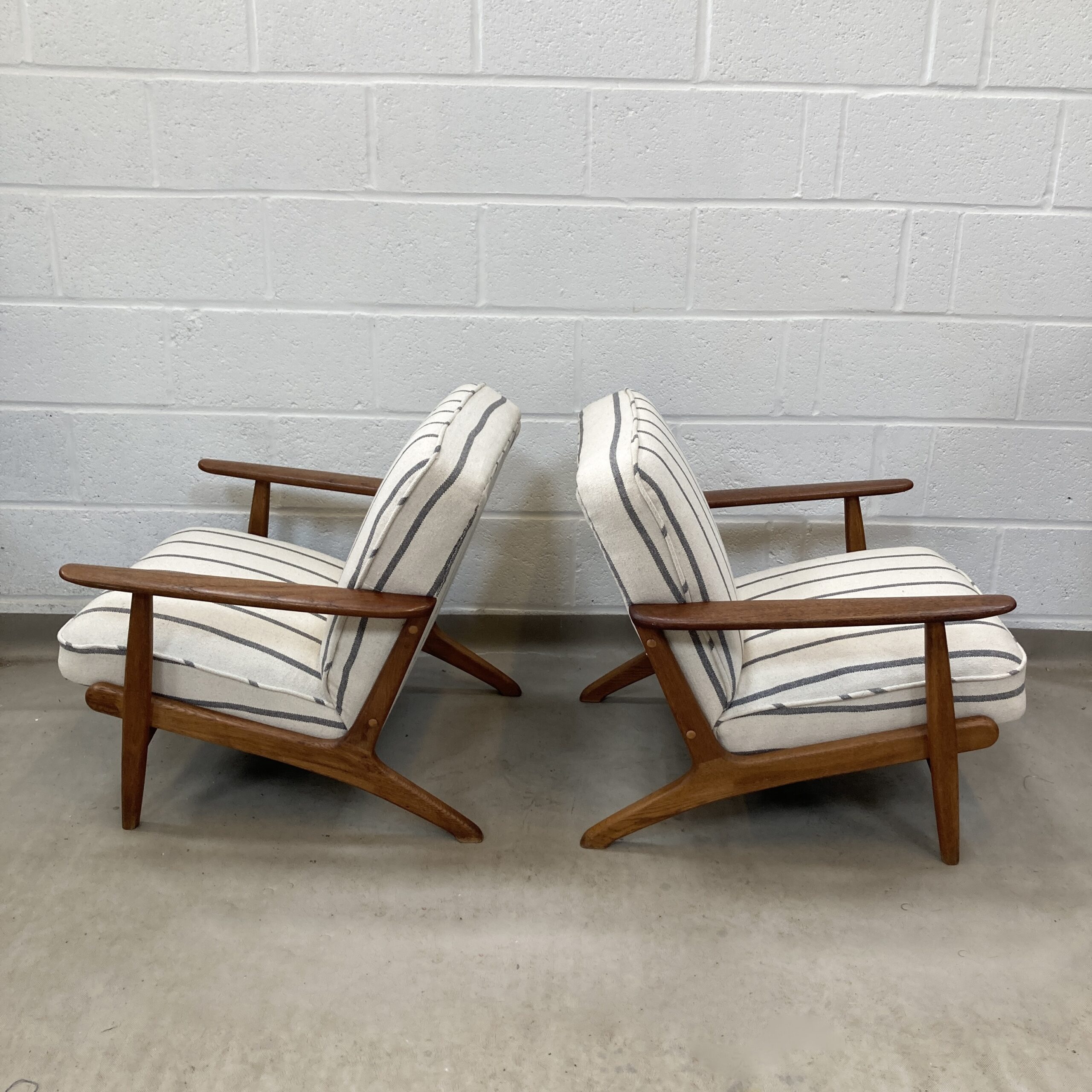 A Pair of Danish Armchair reupholstered in a grey and ecru striped fabric called Mary. - Image 8