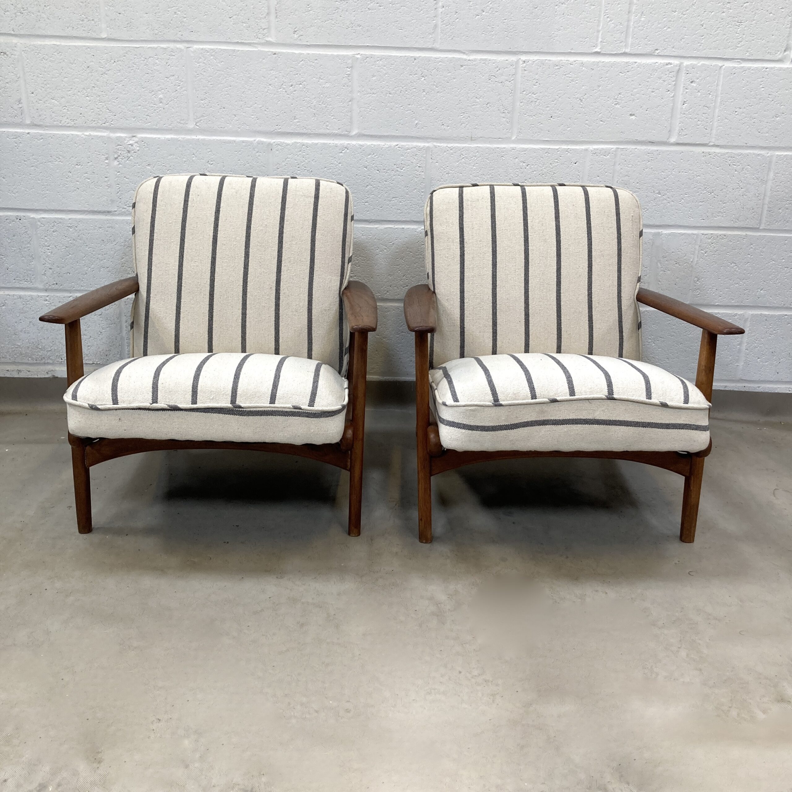 A Pair of Danish Armchair reupholstered in a grey and ecru striped fabric called Mary. - Image 5