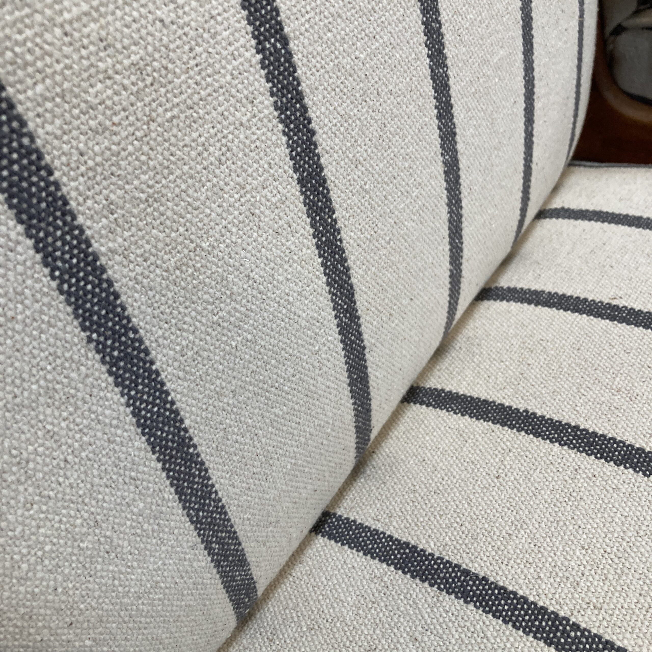 A Pair of Danish Armchair reupholstered in a grey and ecru striped fabric called Mary. - Image 3