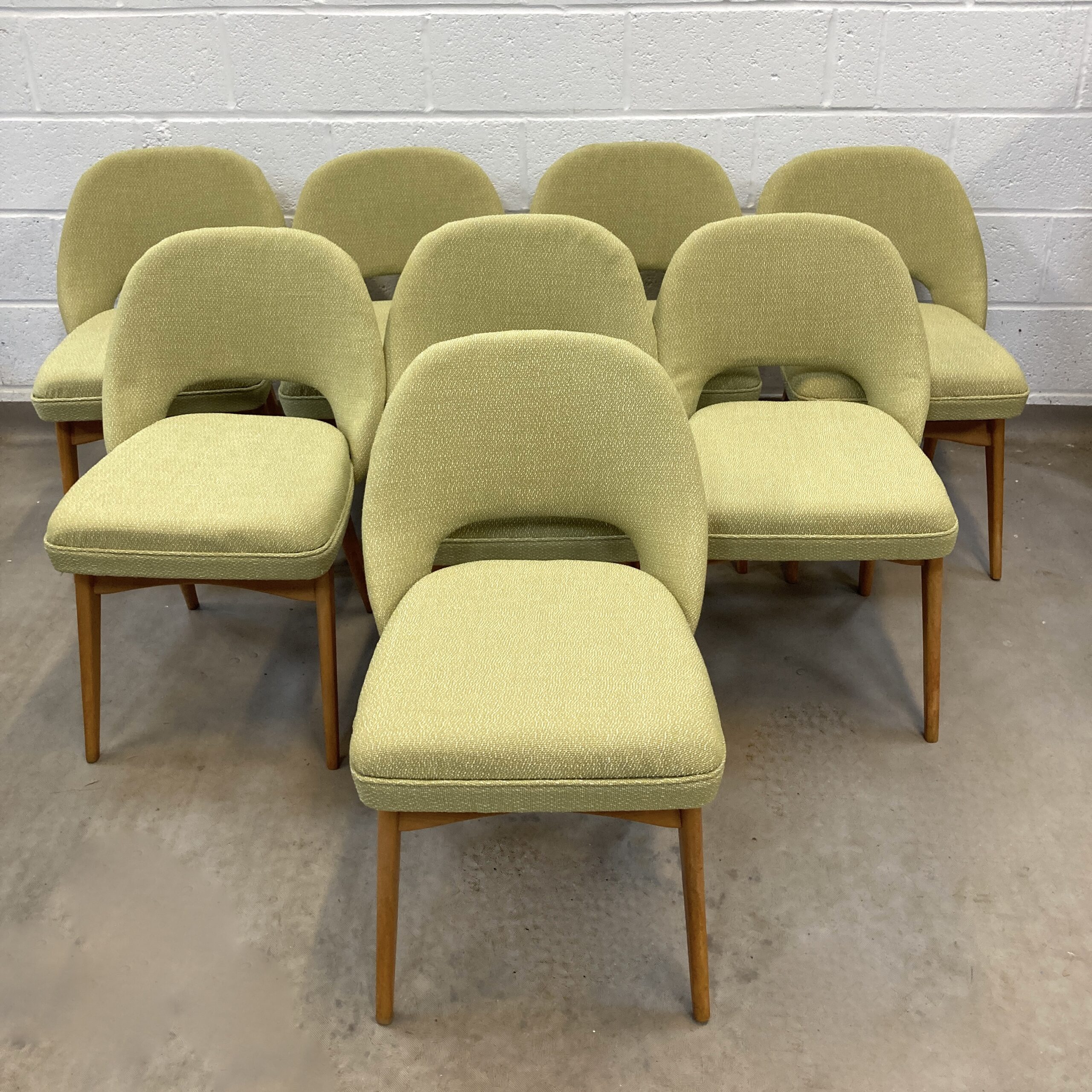 A rare 1960s set of 8 'Ben' dining Chairs reupholstered in a lovely chartreuse fabric by by Ben of Frome